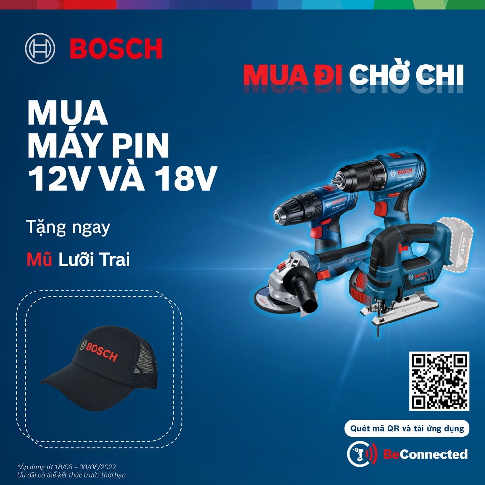 Tặng mũ Bosch khi mua bất kỳ sản phẩm dùng pin nào của hãng