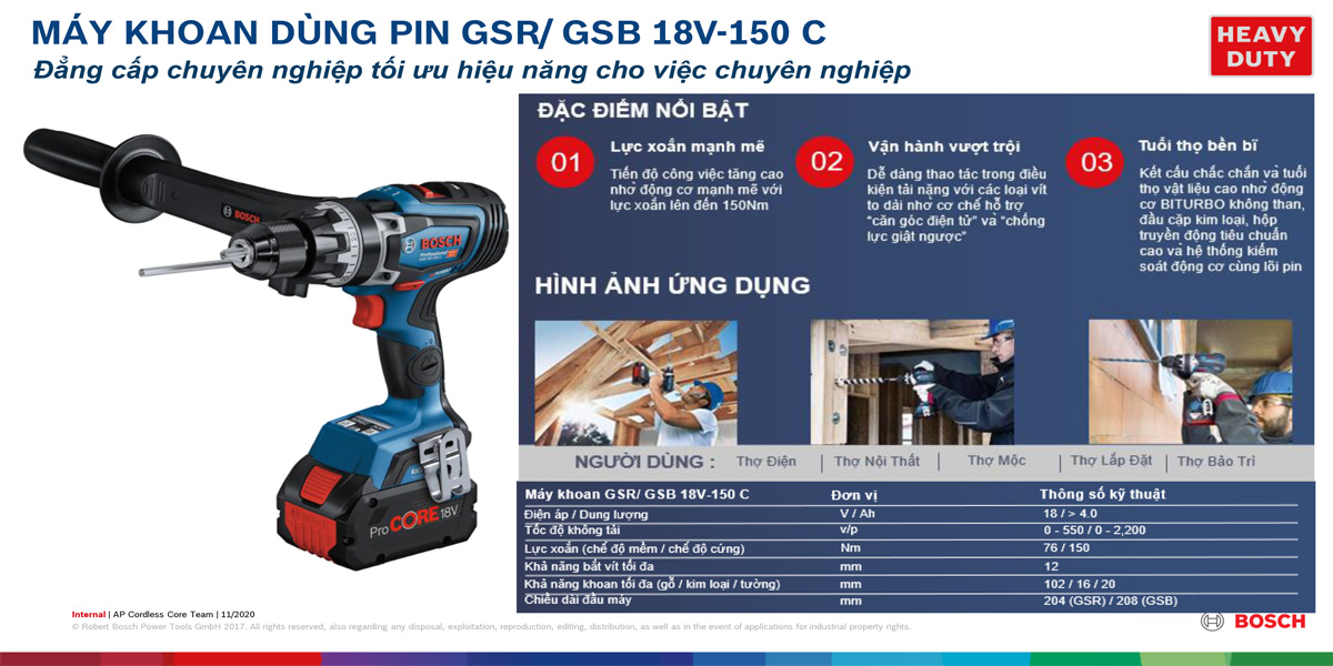Đặc điểm nổi bật của dòng máy khoan pin không chổi than Bosch GSR/GSB 18V-150 C