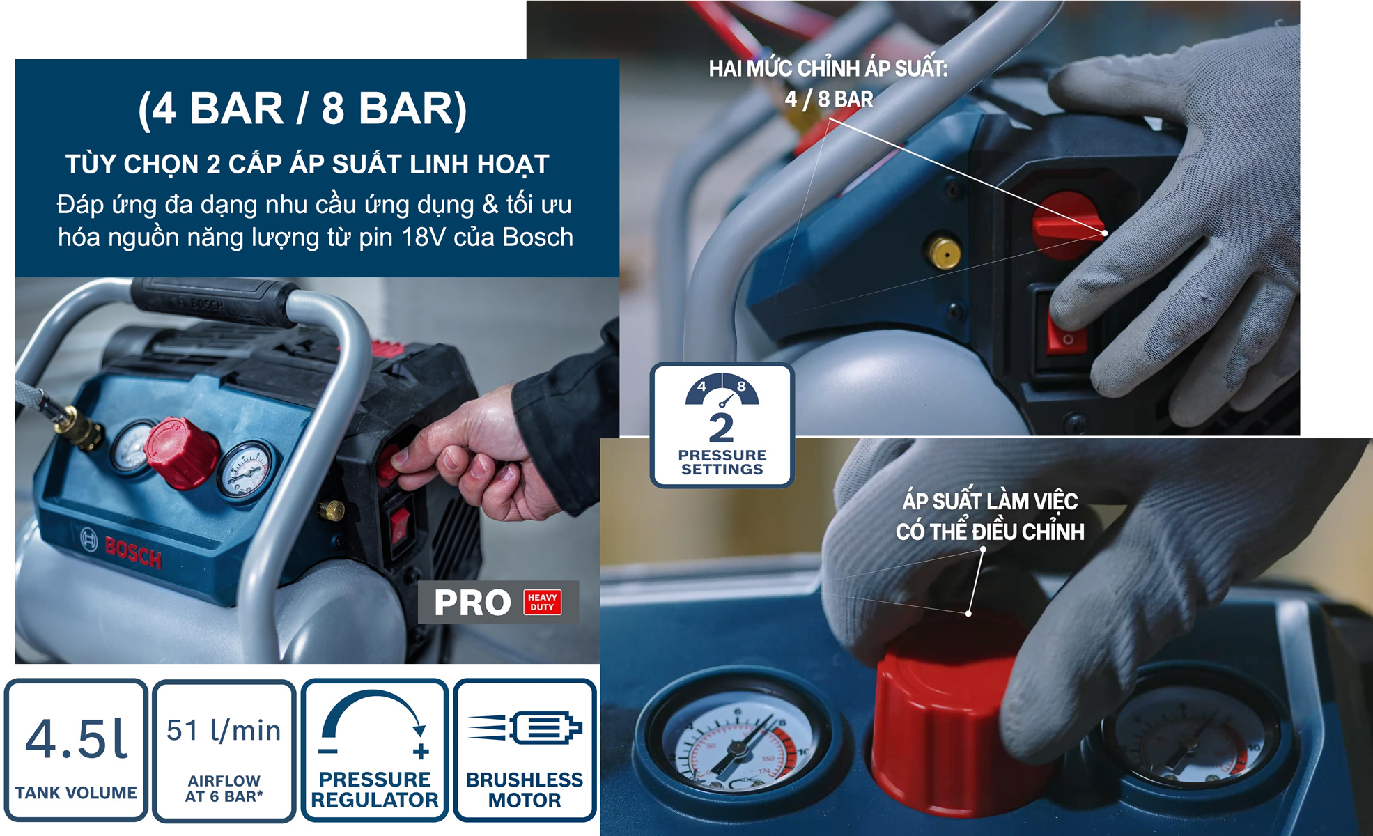 Bosch GKO 18V-51 đáp ứng đa dạng nhu cầu ứng dụng với tùy chỉnh áp suất hoạt động