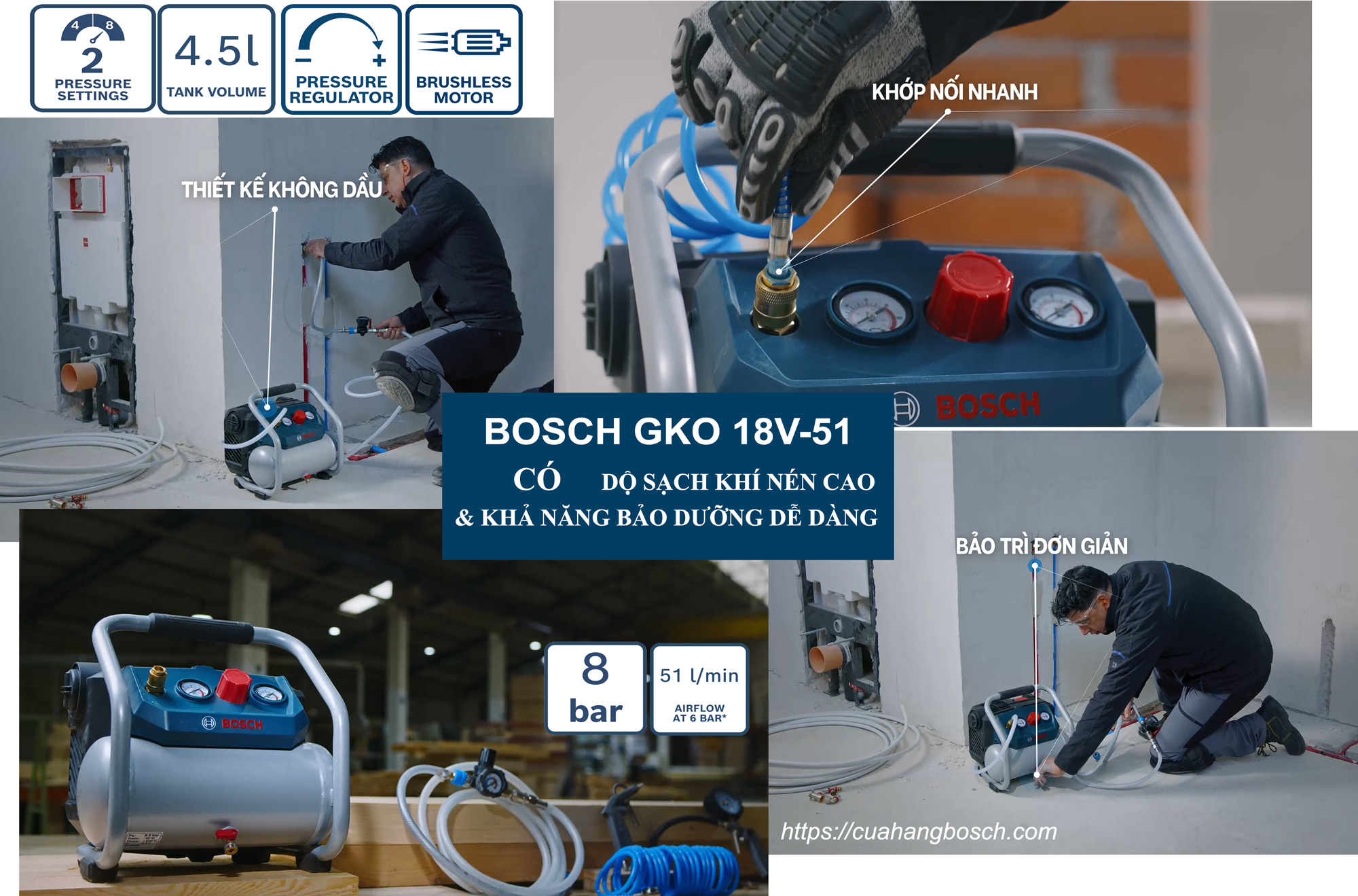 Bosch GKO 18V-51 vận hành không dầu, có van xả bảo trì tiện lợi
